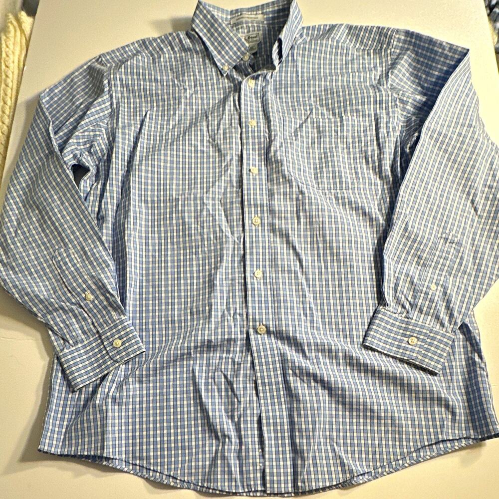 L.L.Bean Wrinkle Resistant Cotton Men's Dress Shirt L 34/35 Blue/White Check Dad